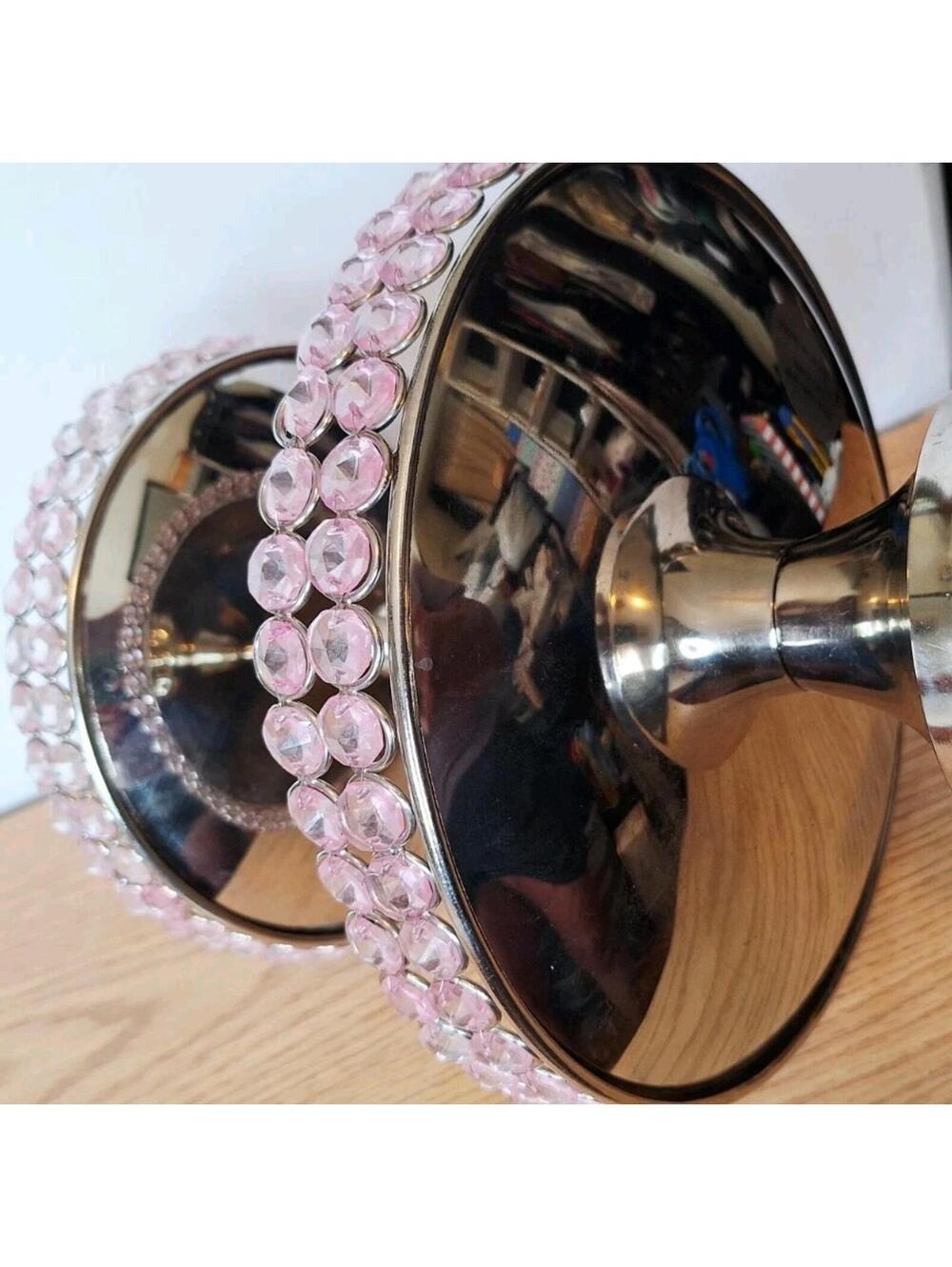 2-Tier Silver Metal Serving Stand Pink Faux Crystal Beads Dessert Jewelry Tower - Picture 10 of 16